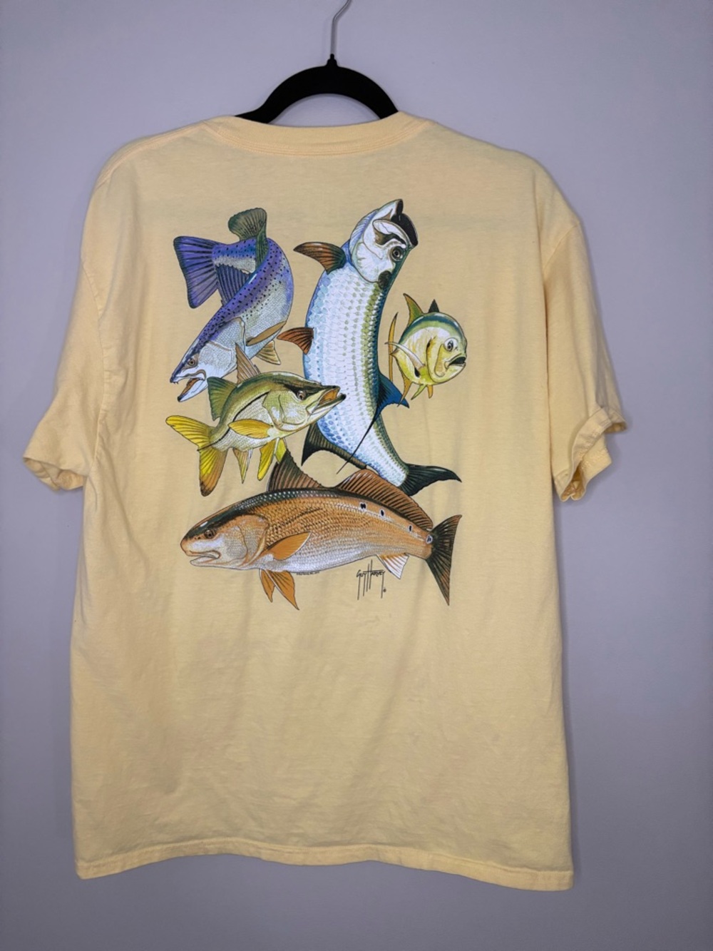 Guy Harvey Fishing T-Shirt Yellow Pocket Graphic Size L